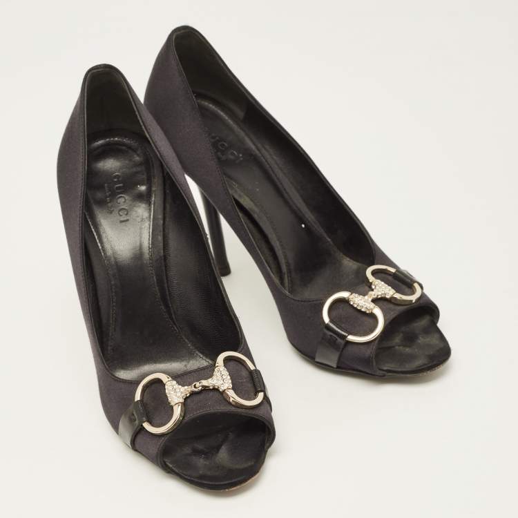 Pre Owned Gucci Black Satin Hollywood Peep Toe Pumps Size 36