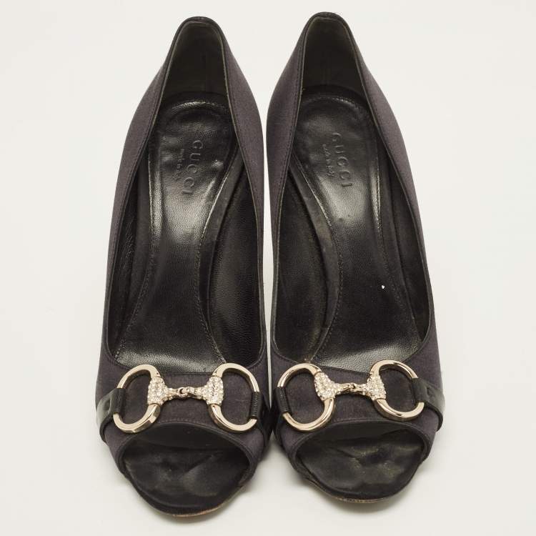 Pre Owned Gucci Black Satin Hollywood Peep Toe Pumps Size 36