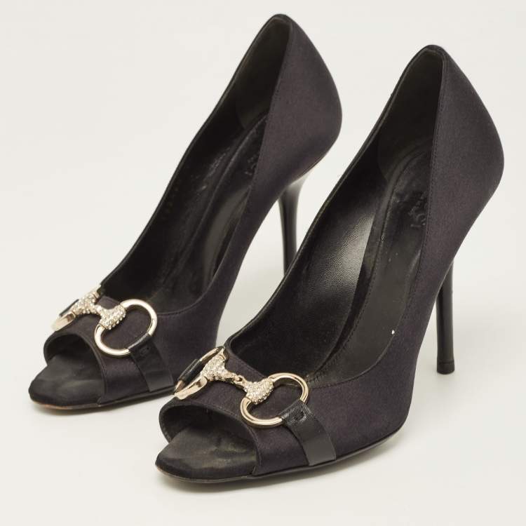 Pre Owned Gucci Black Satin Hollywood Peep Toe Pumps Size 36