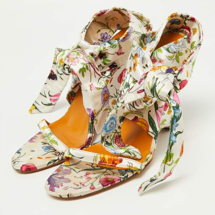 Pre Owned Gucci Floral Printed Satin Ankle Strap Wedge Sandals Size 38.5