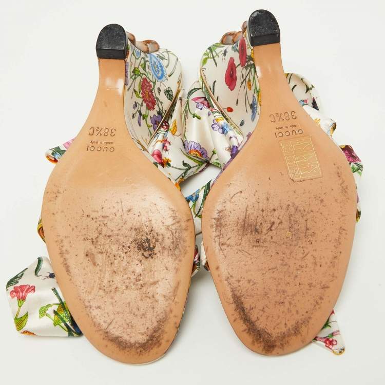 Pre Owned Gucci Floral Printed Satin Ankle Strap Wedge Sandals Size 38.5