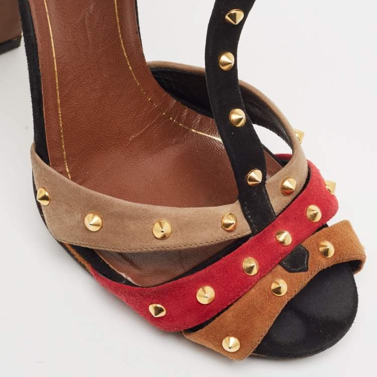 Pre Owned Gucci Multicolor Suede Spiked T-Bar Ankle Strap Sandals Size 40