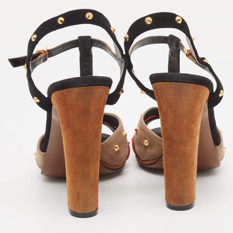 Pre Owned Gucci Multicolor Suede Spiked T-Bar Ankle Strap Sandals Size 40
