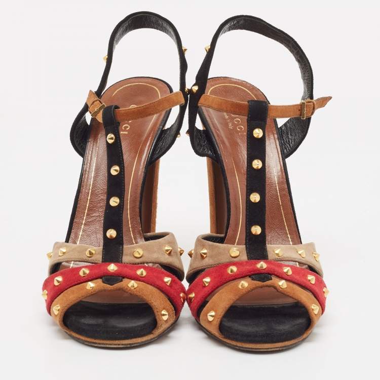Pre Owned Gucci Multicolor Suede Spiked T-Bar Ankle Strap Sandals Size 40