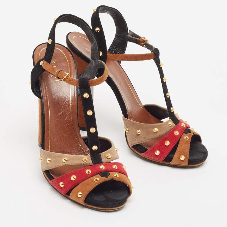 Pre Owned Gucci Multicolor Suede Spiked T-Bar Ankle Strap Sandals Size 40