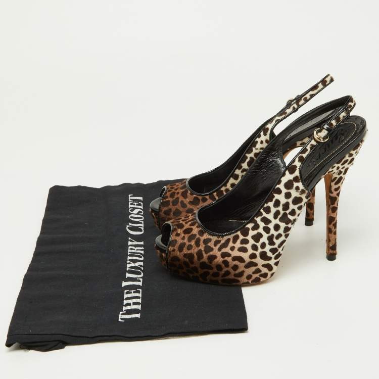 Pre Owned Gucci Brown/White Leopard Print Calfhair Sofia Platform Slingback Sandals Size 36