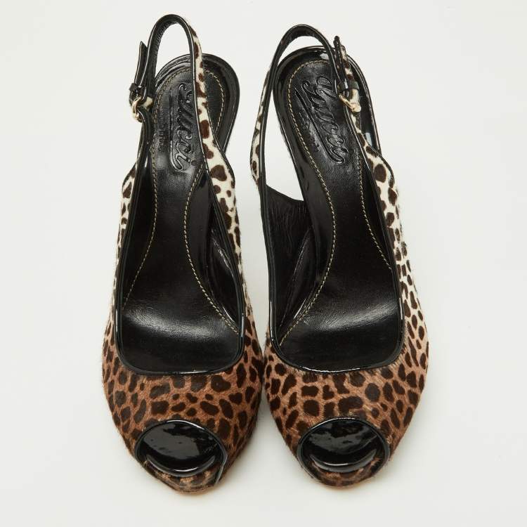 Pre Owned Gucci Brown/White Leopard Print Calfhair Sofia Platform Slingback Sandals Size 36
