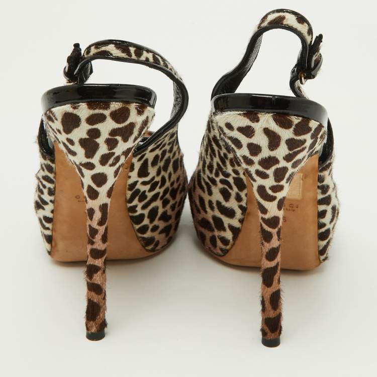 Pre Owned Gucci Brown/White Leopard Print Calfhair Sofia Platform Slingback Sandals Size 36