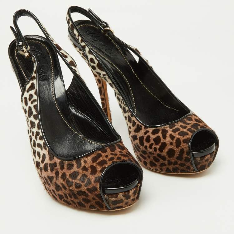 Pre Owned Gucci Brown/White Leopard Print Calfhair Sofia Platform Slingback Sandals Size 36