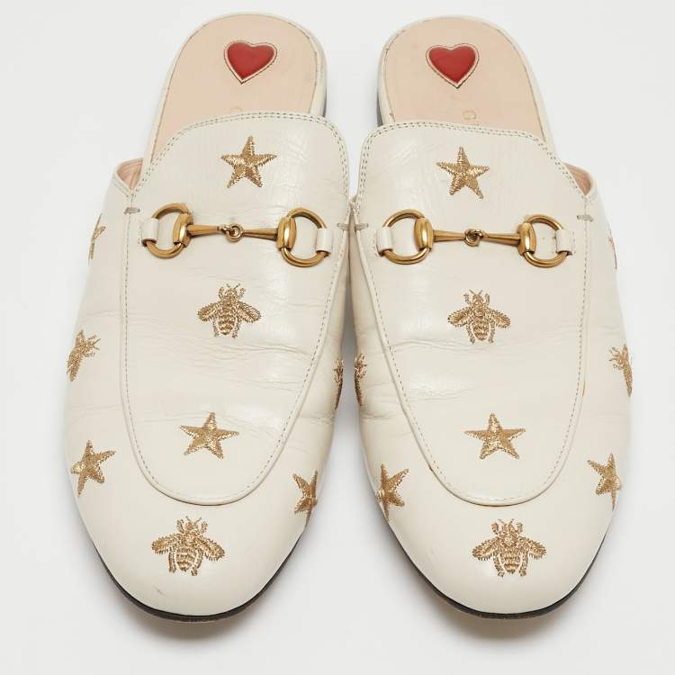 Pre Owned Gucci Cream Leather Bee and Star Embroidered Princetown Flat Mules Size 41.5