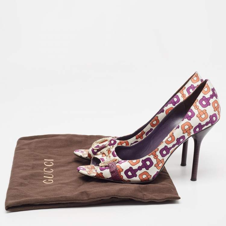 Pre Owned Gucci Multicolor Satin Horsebit Peep Toe Pumps Size 38.5