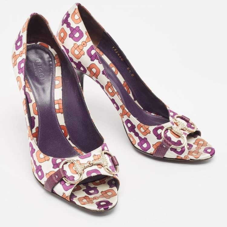 Pre Owned Gucci Multicolor Satin Horsebit Peep Toe Pumps Size 38.5