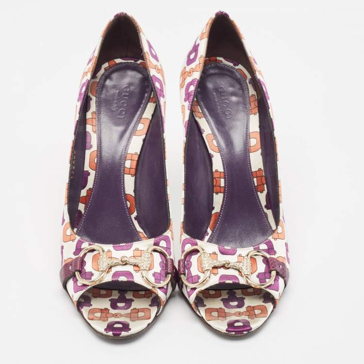 Pre Owned Gucci Multicolor Satin Horsebit Peep Toe Pumps Size 38.5