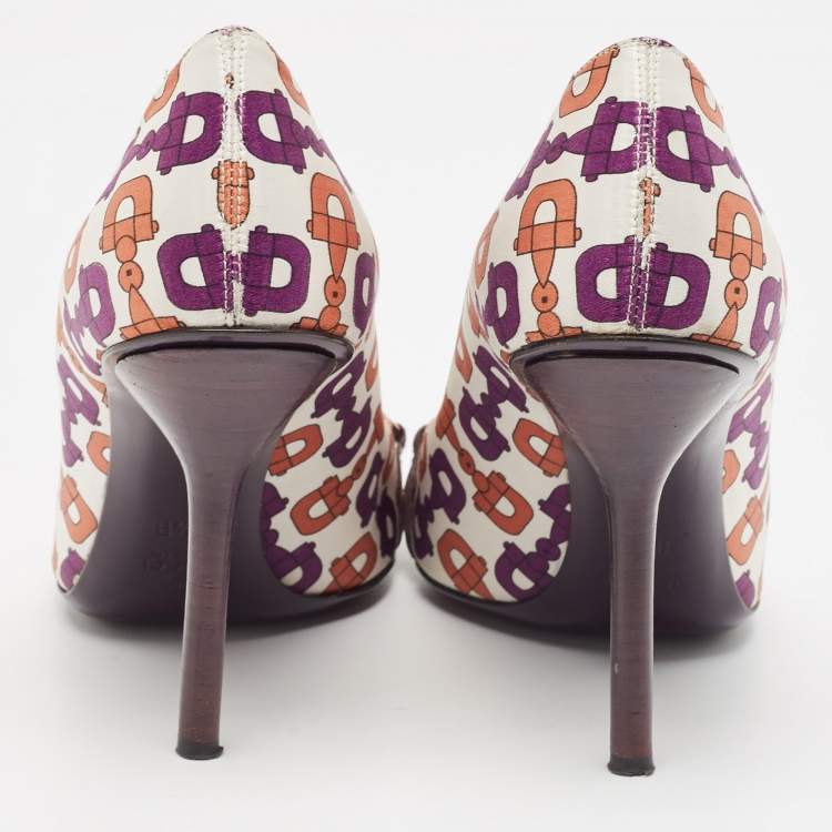 Pre Owned Gucci Multicolor Satin Horsebit Peep Toe Pumps Size 38.5
