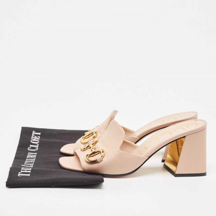 Pre Owned Gucci Pink Leather Horsebit Accent Slide Sandals Size 39.5