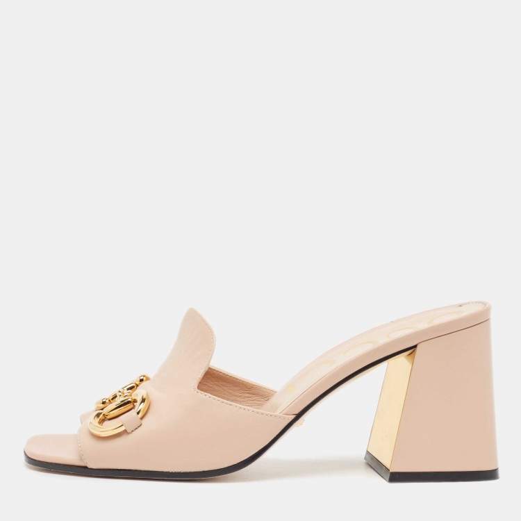 Pre Owned Gucci Pink Leather Horsebit Accent Slide Sandals Size 39.5