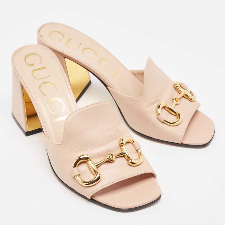 Pre Owned Gucci Pink Leather Horsebit Accent Slide Sandals Size 39.5