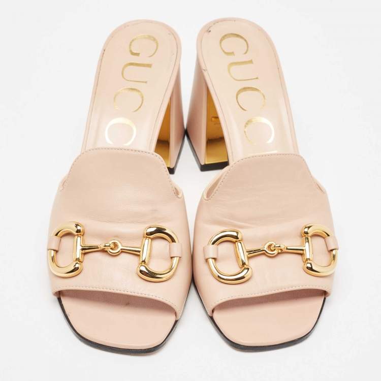 Pre Owned Gucci Pink Leather Horsebit Accent Slide Sandals Size 39.5