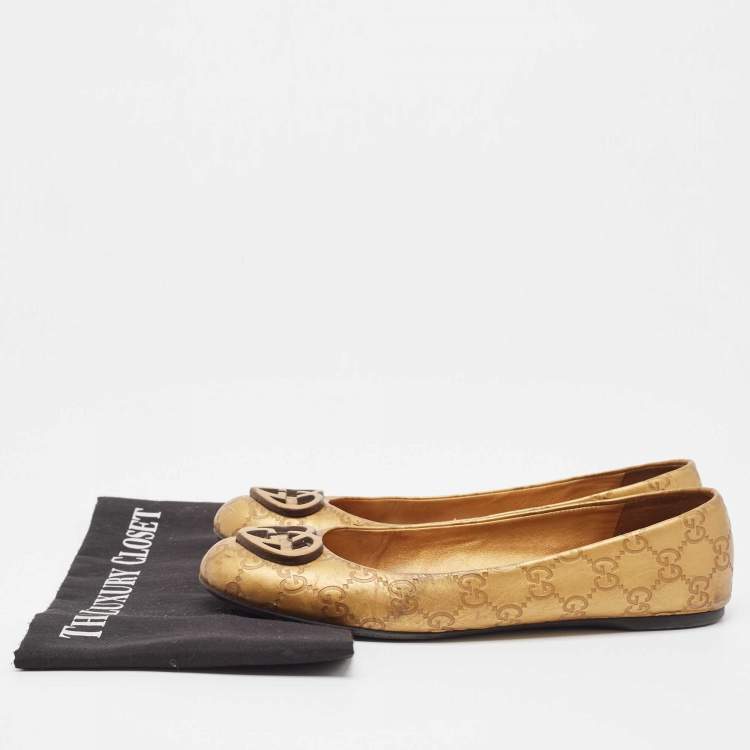Pre Owned Gucci Gold Leaher Interlocking GG Logo Ballet Flats Size 38.5