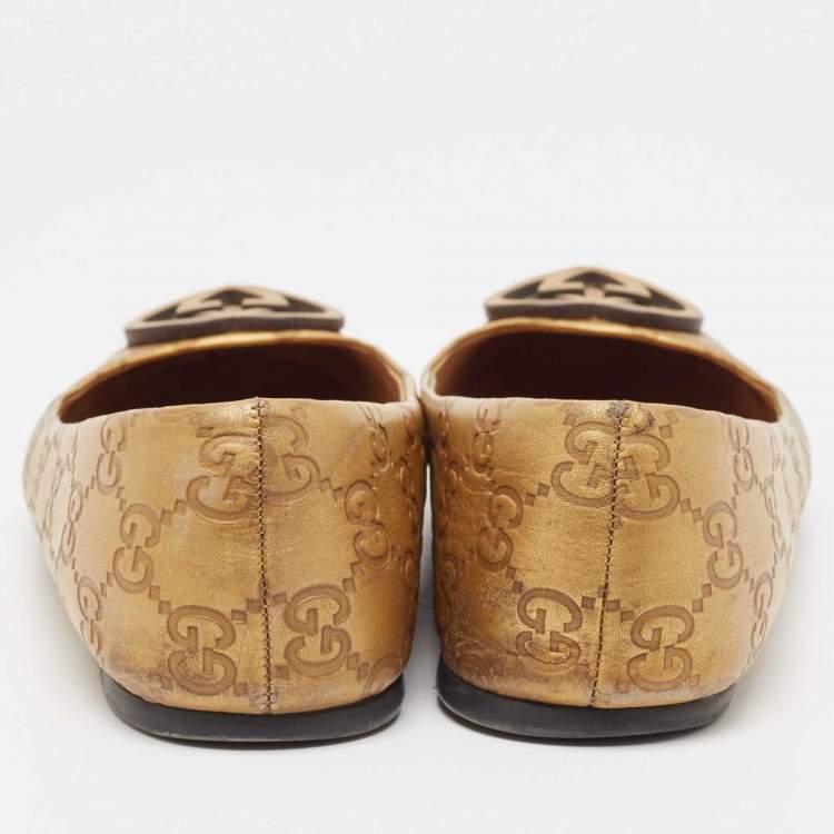 Pre Owned Gucci Gold Leaher Interlocking GG Logo Ballet Flats Size 38.5