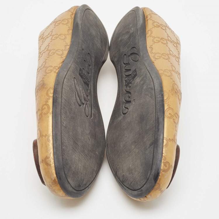Pre Owned Gucci Gold Leaher Interlocking GG Logo Ballet Flats Size 38.5