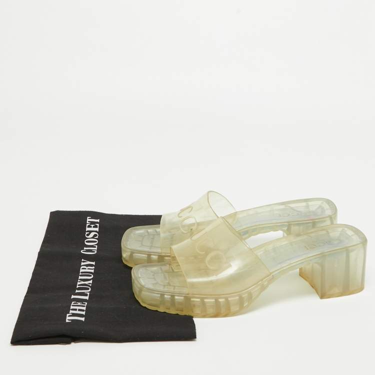 Pre Owned Gucci Transparent PVC Embossed Logo Block Heel Slide Sandals Size 38