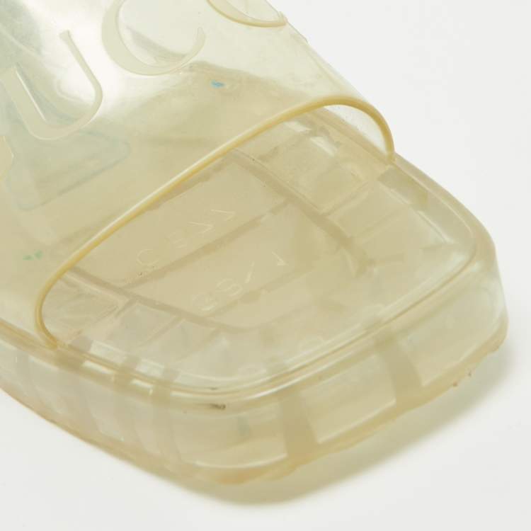 Pre Owned Gucci Transparent PVC Embossed Logo Block Heel Slide Sandals Size 38