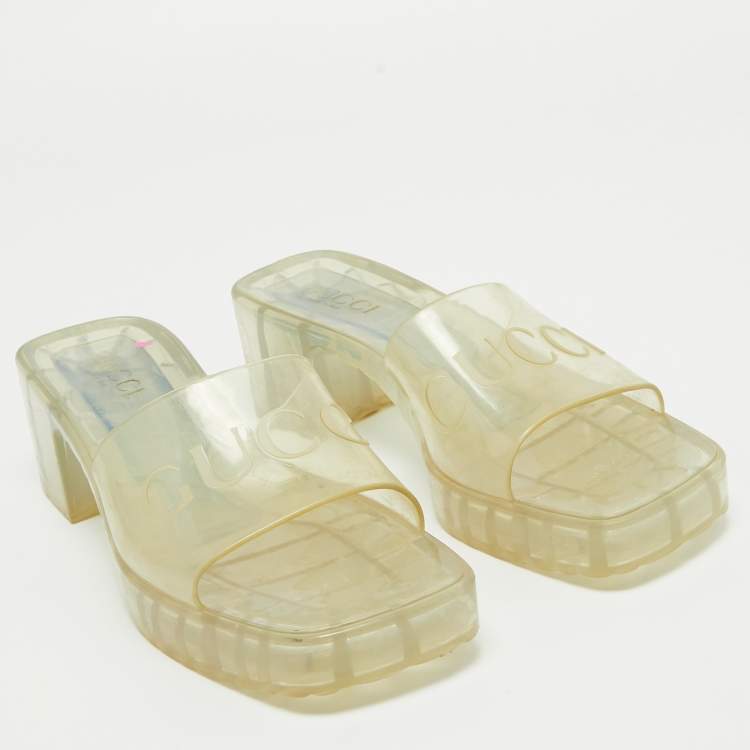 Pre Owned Gucci Transparent PVC Embossed Logo Block Heel Slide Sandals Size 38