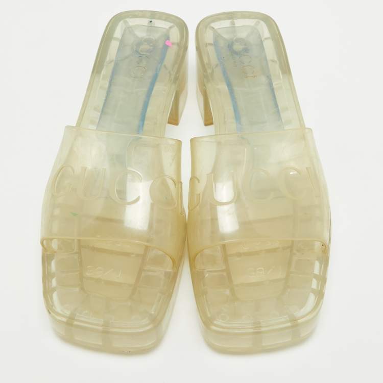 Pre Owned Gucci Transparent PVC Embossed Logo Block Heel Slide Sandals Size 38