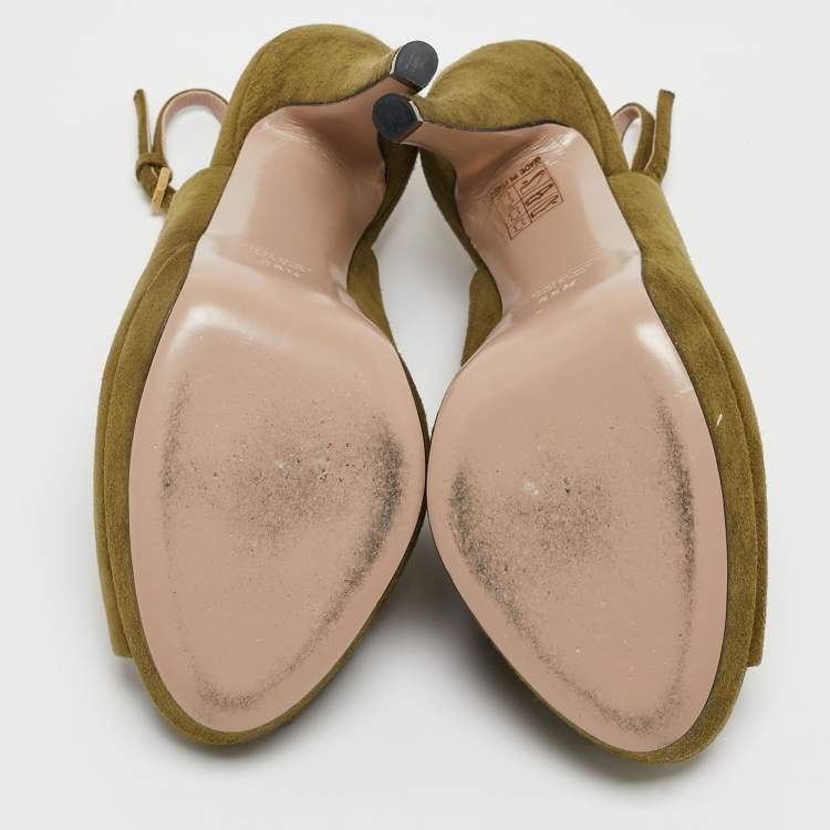 Pre Owned Gucci Green Suede Sofia Slingback Platform Pumps Size 38.5