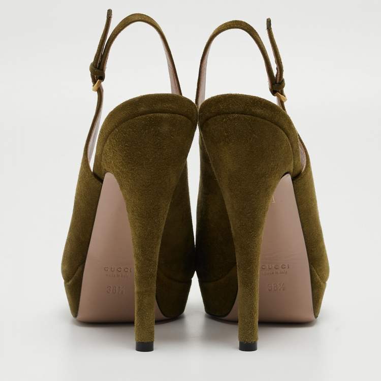 Pre Owned Gucci Green Suede Sofia Slingback Platform Pumps Size 38.5