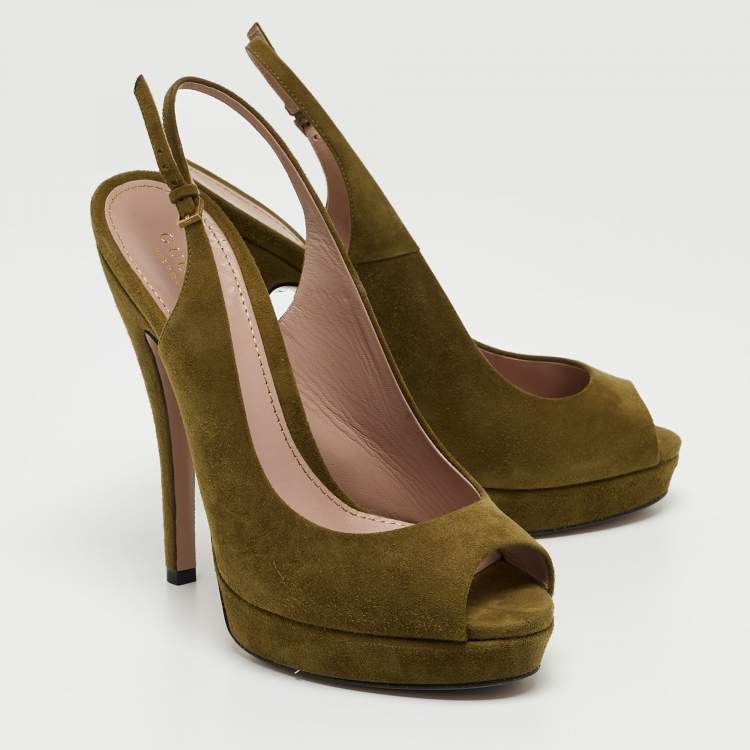 Pre Owned Gucci Green Suede Sofia Slingback Platform Pumps Size 38.5