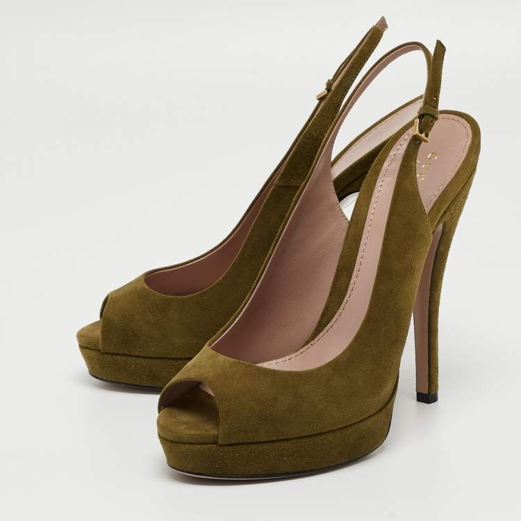 Pre Owned Gucci Green Suede Sofia Slingback Platform Pumps Size 38.5