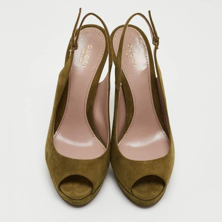 Pre Owned Gucci Green Suede Sofia Slingback Platform Pumps Size 38.5
