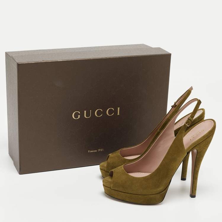 Pre Owned Gucci Green Suede Sofia Slingback Platform Pumps Size 38.5