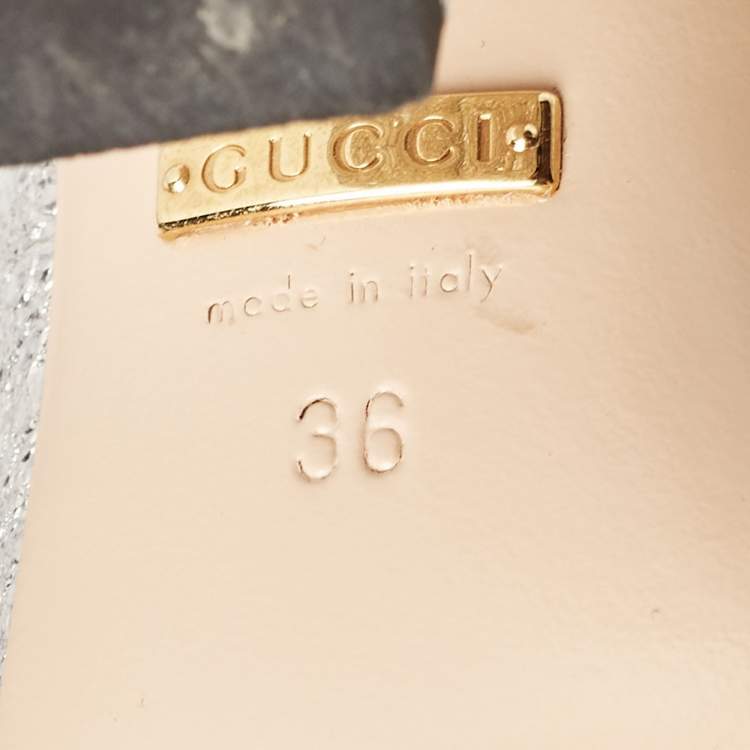 Pre Owned Gucci Silver Crackle Leather GG Marmont Fringed Slide Sandals Size 36