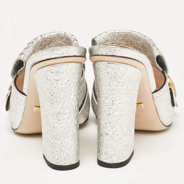 Pre Owned Gucci Silver Crackle Leather GG Marmont Fringed Slide Sandals Size 36