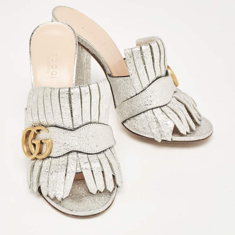 Pre Owned Gucci Silver Crackle Leather GG Marmont Fringed Slide Sandals Size 36