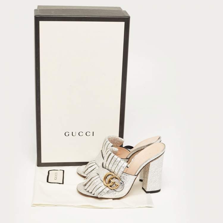 Pre Owned Gucci Silver Crackle Leather GG Marmont Fringed Slide Sandals Size 36