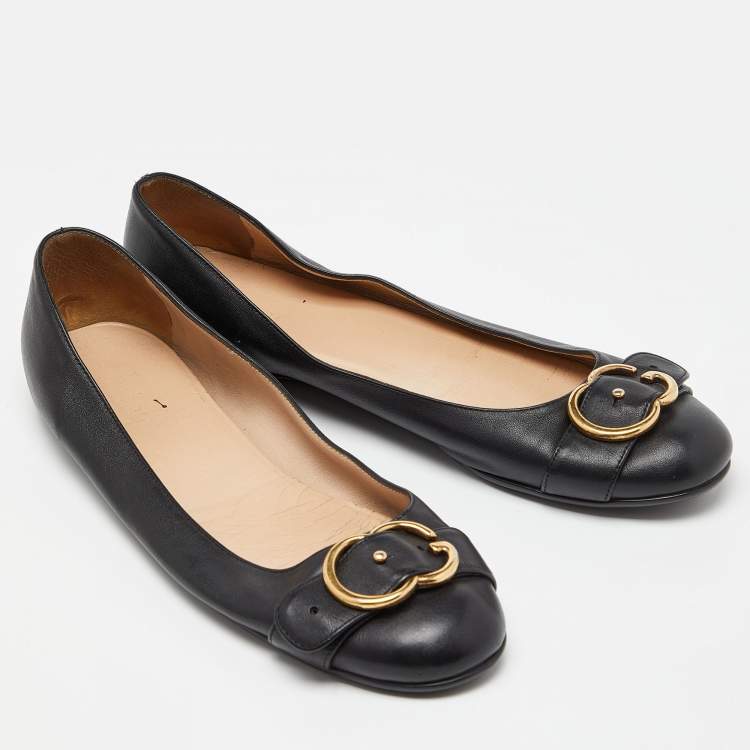 Pre Owned Gucci Black Leather Ballet Flats Size 41