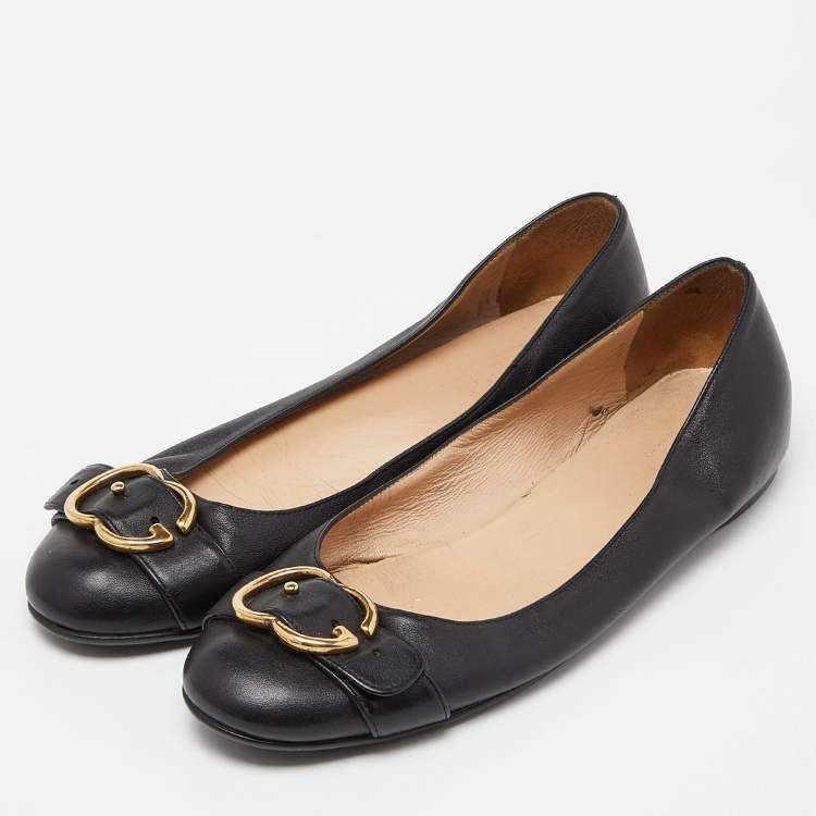 Pre Owned Gucci Black Leather Ballet Flats Size 41