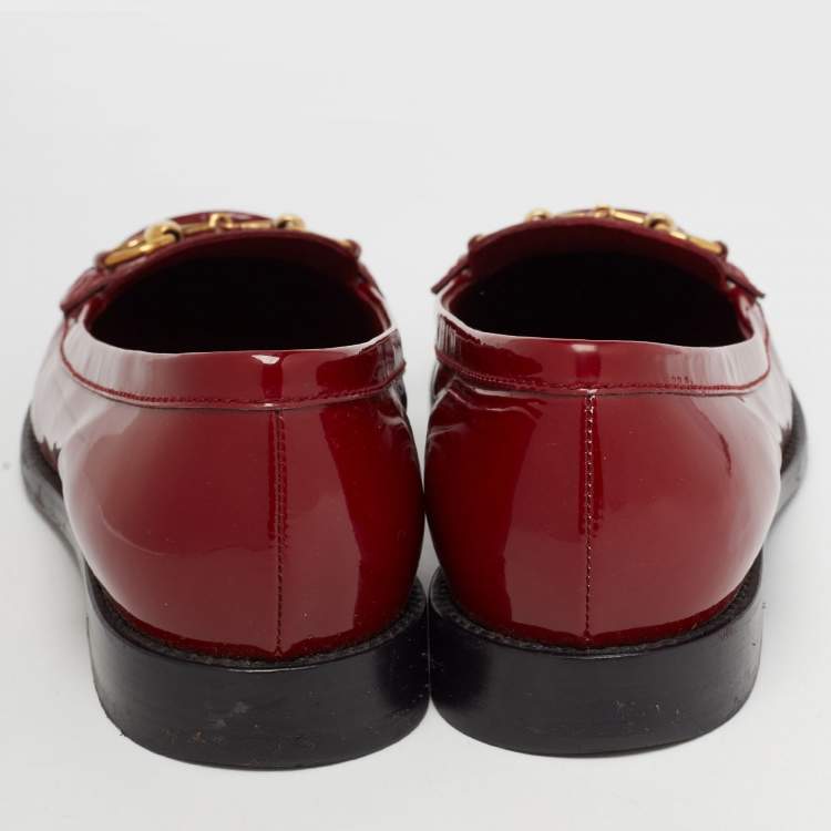 Pre Owned Gucci Red Patent Leather Horsebit Slip On Loafers Size 38.5
