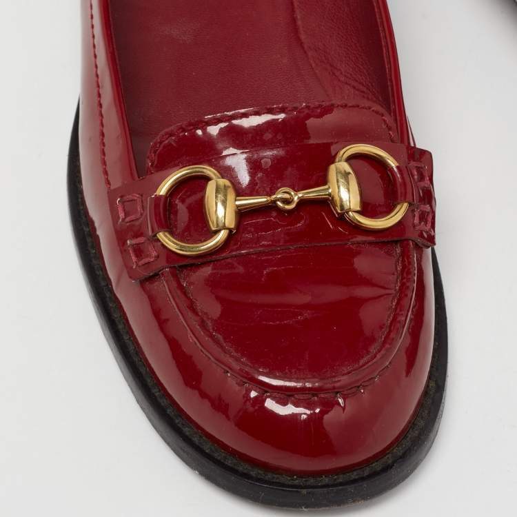 Pre Owned Gucci Red Patent Leather Horsebit Slip On Loafers Size 38.5