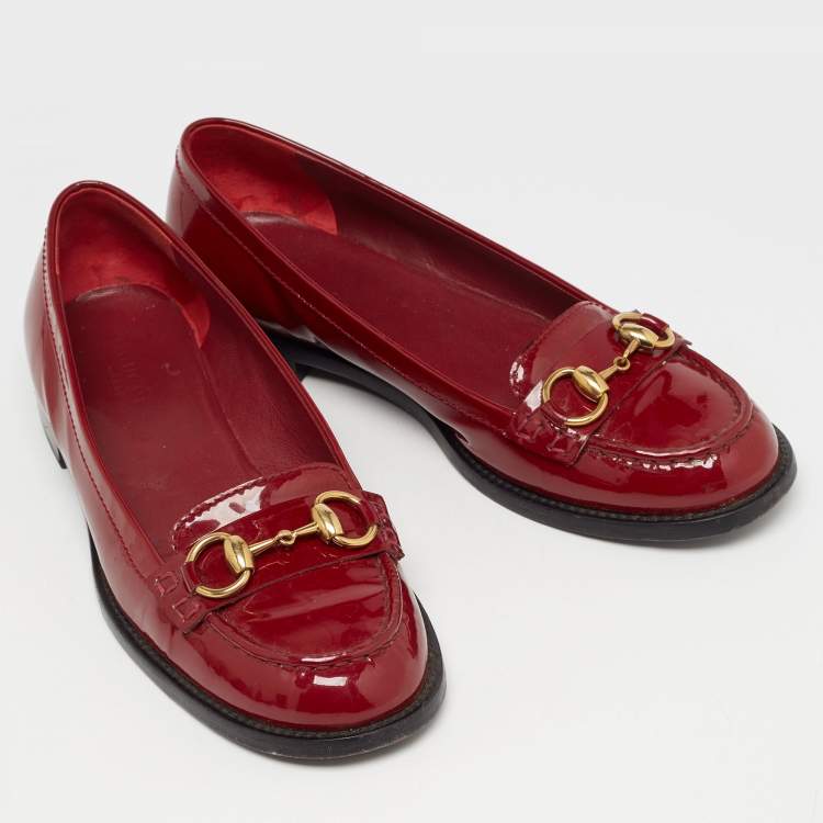 Pre Owned Gucci Red Patent Leather Horsebit Slip On Loafers Size 38.5