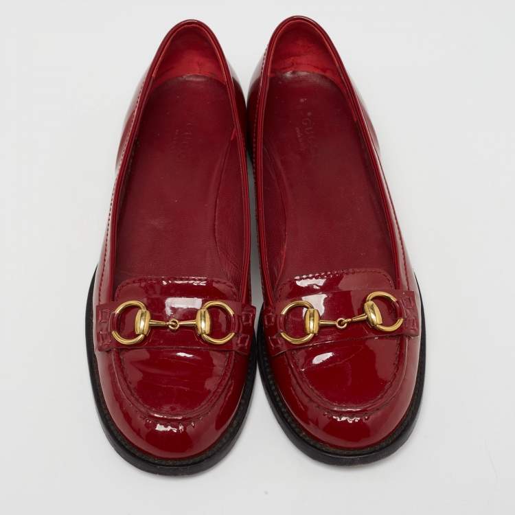 Pre Owned Gucci Red Patent Leather Horsebit Slip On Loafers Size 38.5