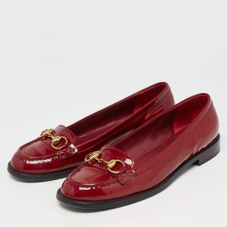 Pre Owned Gucci Red Patent Leather Horsebit Slip On Loafers Size 38.5