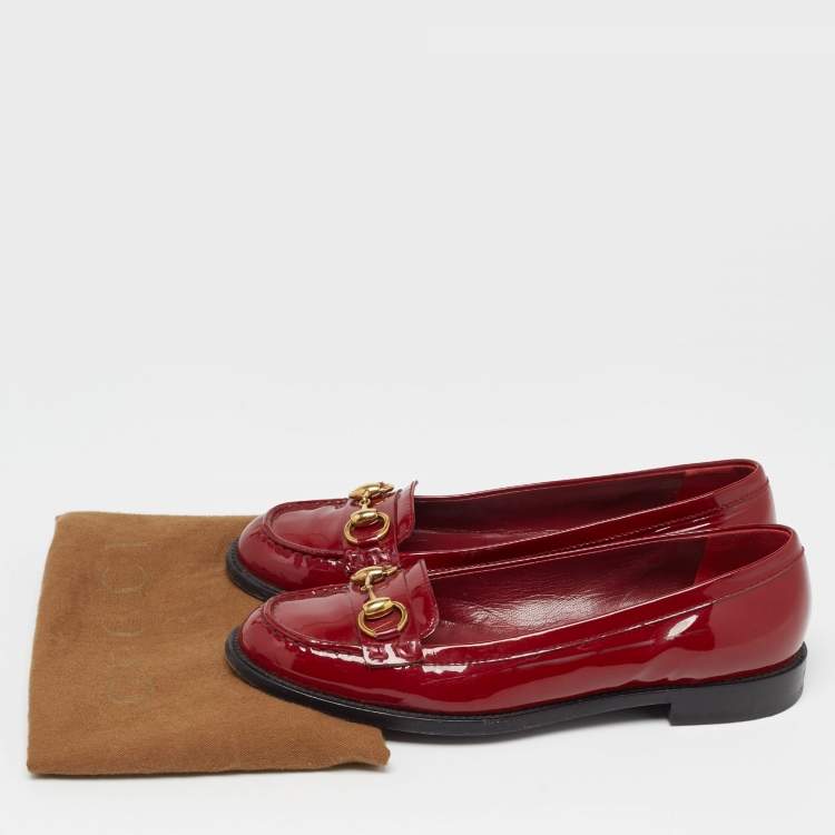 Pre Owned Gucci Red Patent Leather Horsebit Slip On Loafers Size 38.5