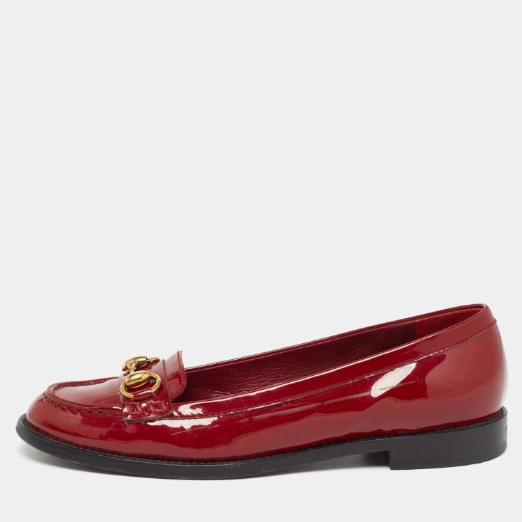 Pre Owned Gucci Red Patent Leather Horsebit Slip On Loafers Size 38.5