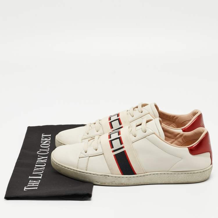 Pre Owned Gucci Off White/Red Leather Ace Stripe Sneakers Size 39