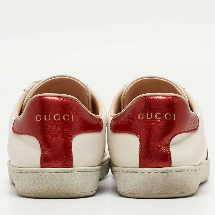 Pre Owned Gucci Off White/Red Leather Ace Stripe Sneakers Size 39